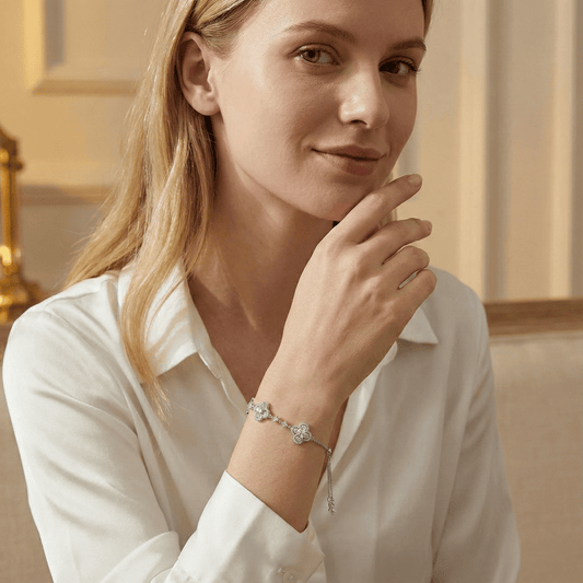 Model wearing Sakura Cleef Bracelet showcasing elegance and style