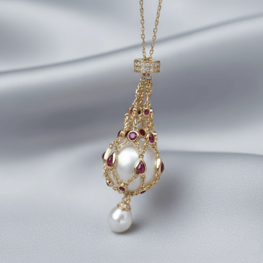 Close-up of Moonlit Halo necklace showing 20mm lab-created pearl with soft luminous shine