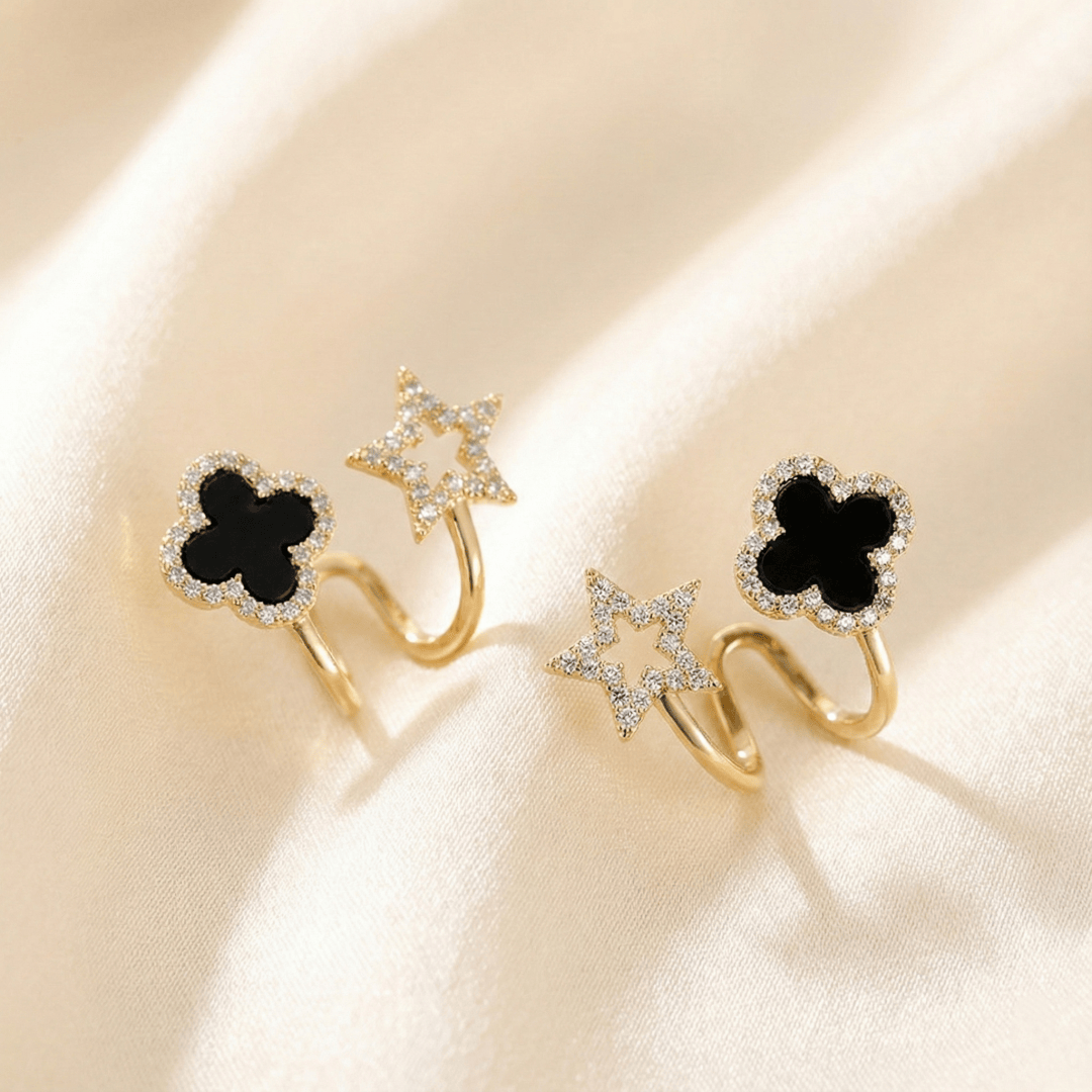 Close-up of Four-Leaf Clover Stud Earrings highlighting cubic zirconia sparkle and polished finish
