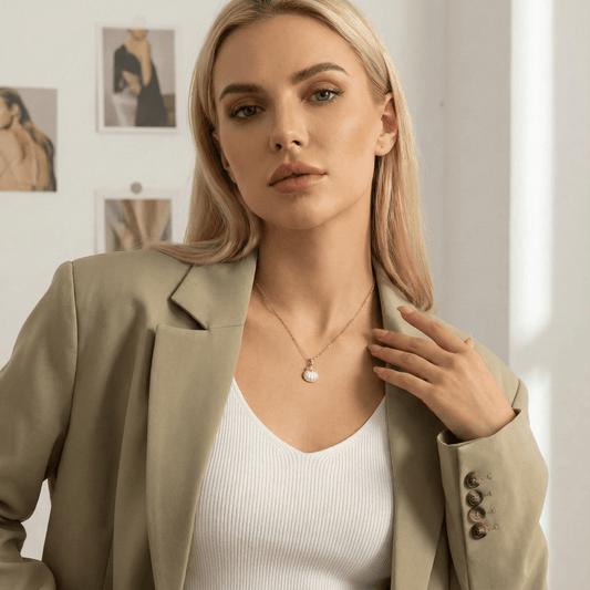 Model wearing starfish and seashell necklace, beach-inspired ocean jewelry for everyday wear