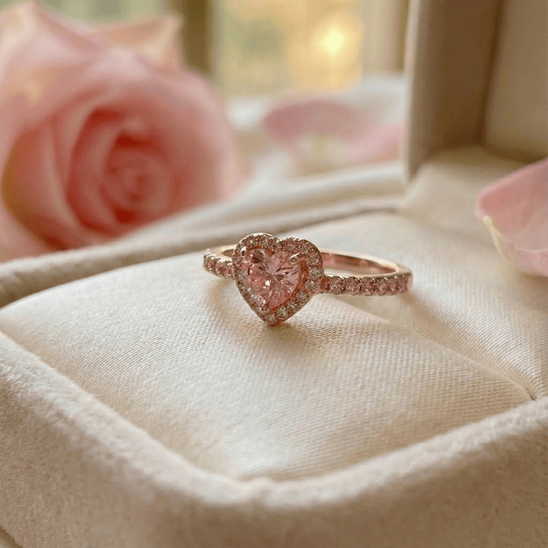 Close-up of CotaJewelry Elevated Heart Ring sparkling under light