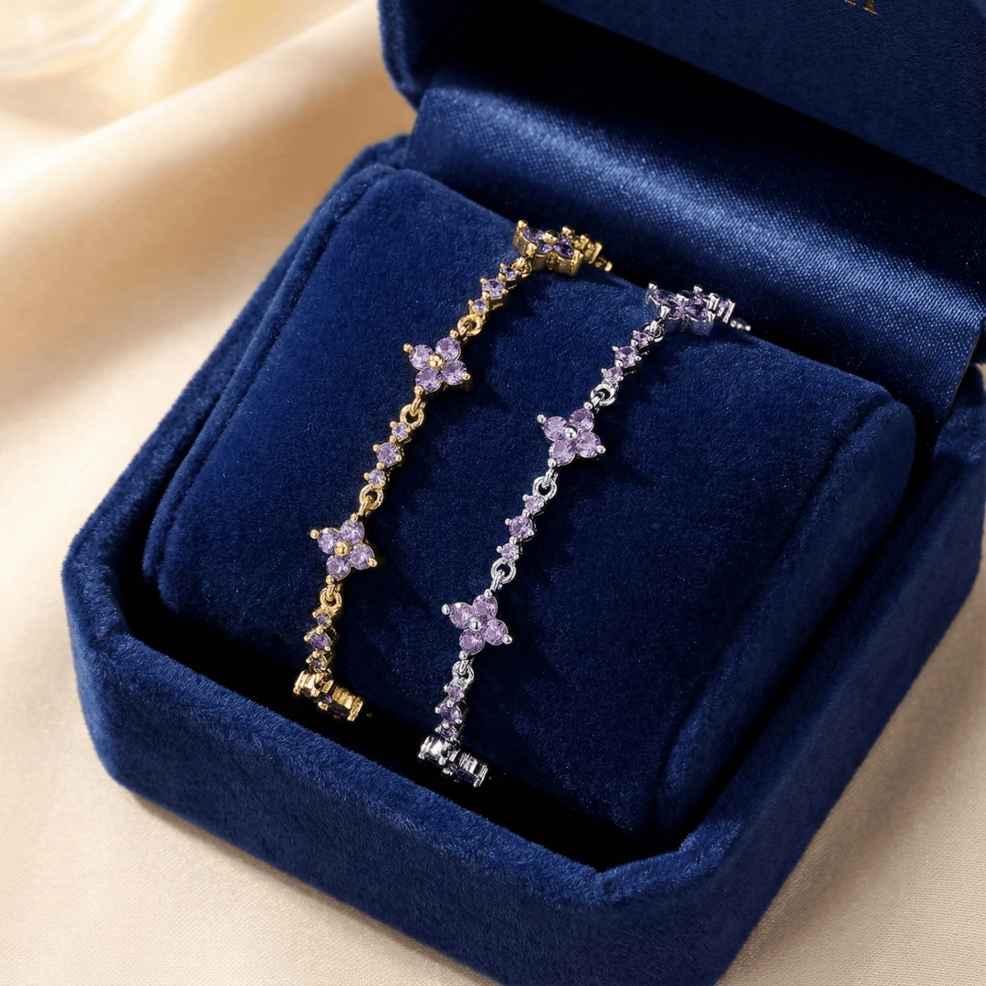 Close-up of Purple Sakura Bracelet highlighting cherry blossom-inspired bead arrangement