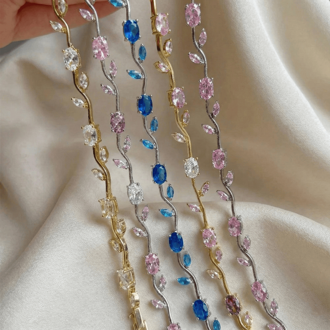 Detail view of Dainty Rose Bracelet craftsmanship with polished gold-plated brass and cubic zirconia stones