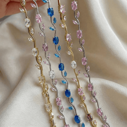 Detail view of Dainty Rose Bracelet craftsmanship with polished gold-plated brass and cubic zirconia stones