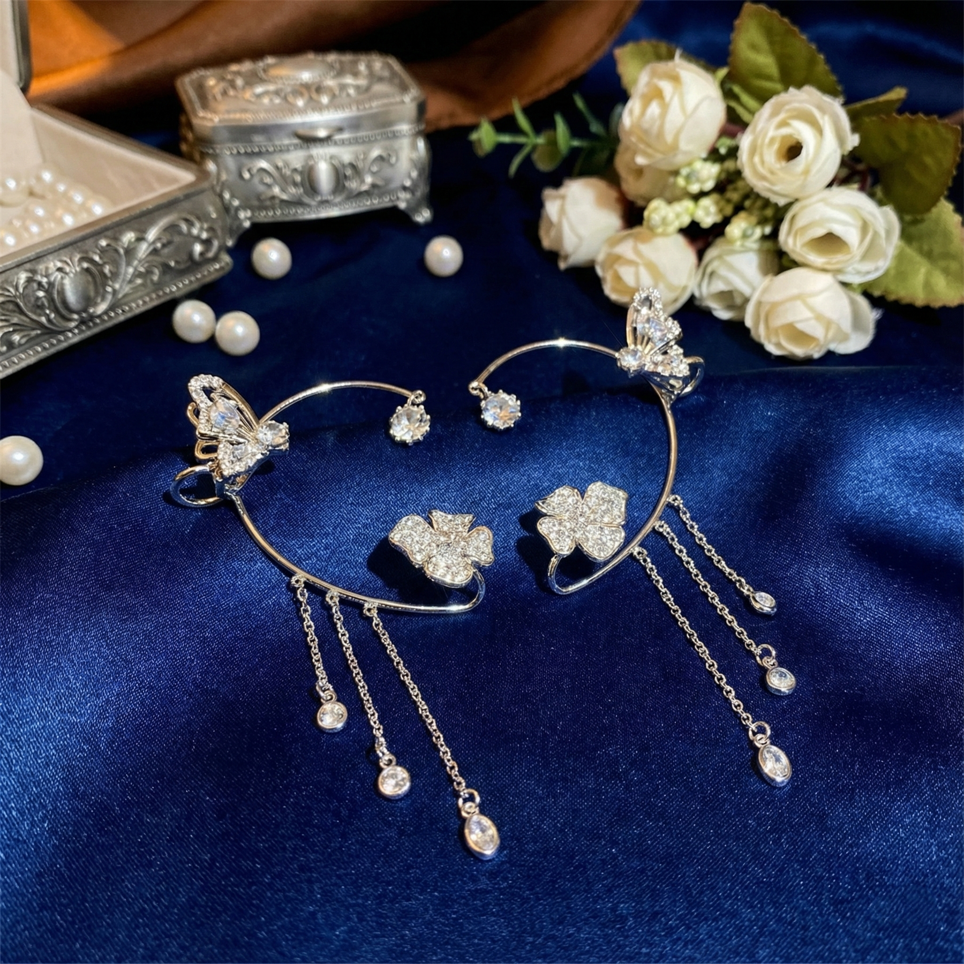 Silver Tassel Butterfly Ear Cuffs with celestial star and moon details