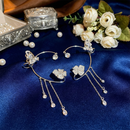 Silver Tassel Butterfly Ear Cuffs with celestial star and moon details
