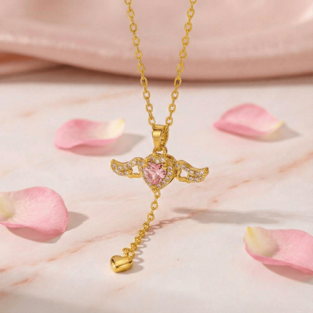 Close-up of Angel Wing Necklace highlighting movable pendant design and cubic zirconia details