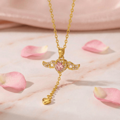 Close-up of Angel Wing Necklace highlighting movable pendant design and cubic zirconia details