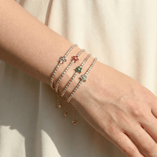 Model wearing CotaJewelry Flower Tennis Bracelet on wrist