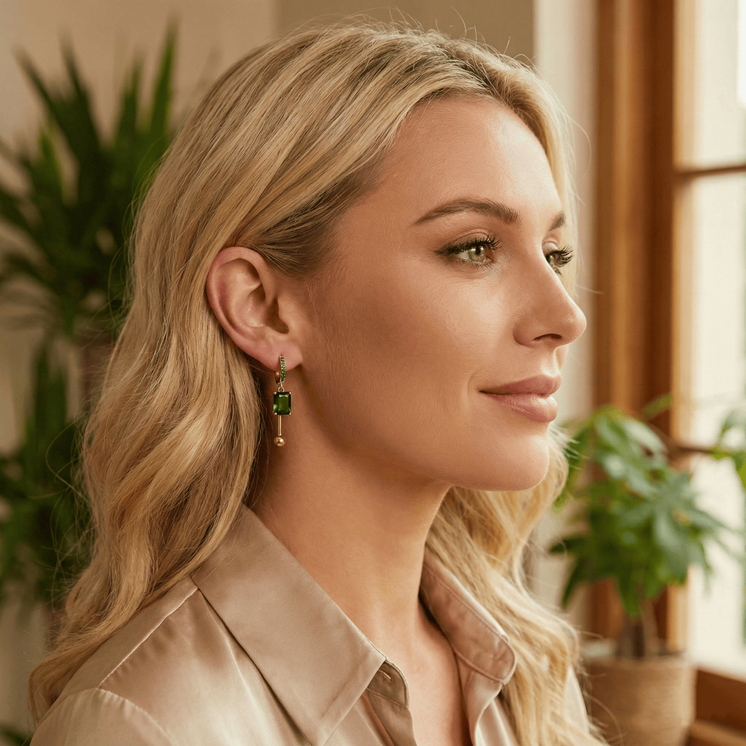 Model wearing Twilight Crystal Earrings, side view highlighting design