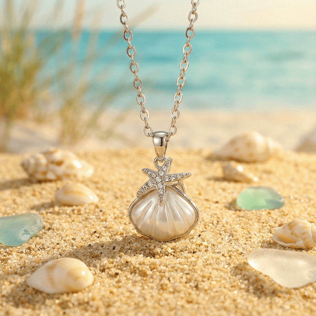 Close-up of starfish and seashell pendant detailing stainless steel craftsmanship and polished finish