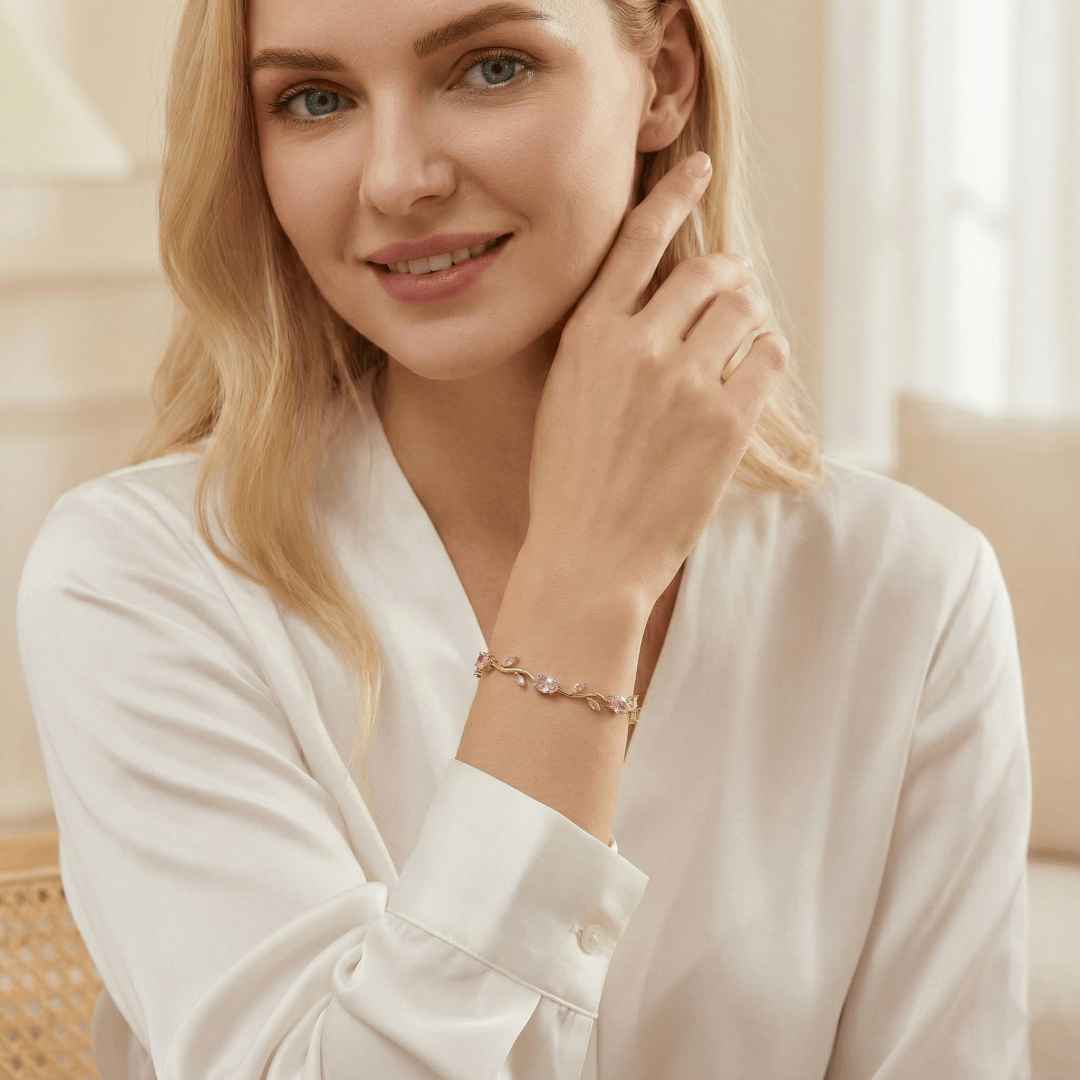 Model wearing Dainty Rose Bracelet showcasing delicate rose design and sparkling zirconia