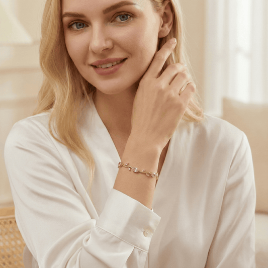 Model wearing Dainty Rose Bracelet showcasing delicate rose design and sparkling zirconia
