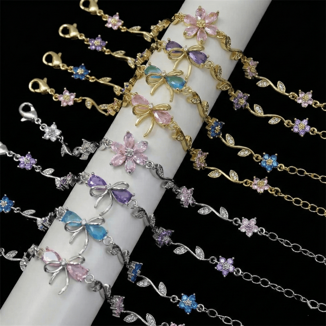 Close-up of bow bracelet detailing cubic zirconia sparkle and gold-plated craftsmanship