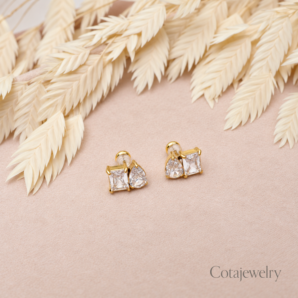COTA Square Clear Stone Stud Earrings in Silver Tone