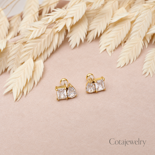 COTA Square Clear Stone Stud Earrings in Silver Tone