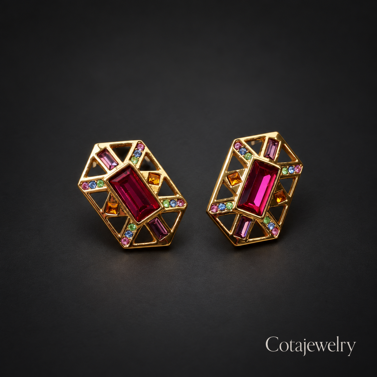 COTA Ruby Mosaic Stud Earrings in Gold Tone