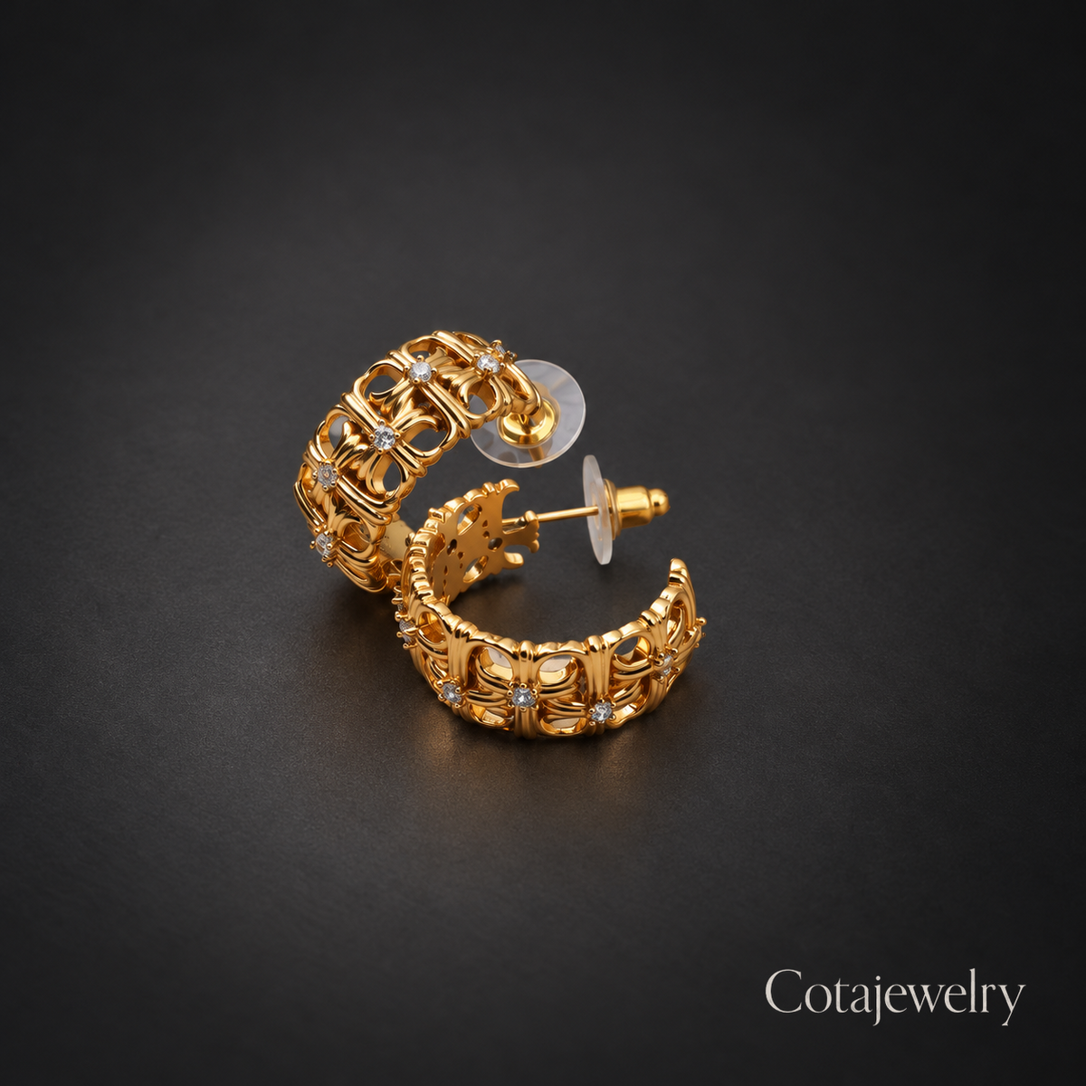 COTA Scroll Crescent Earrings in Gold Tone