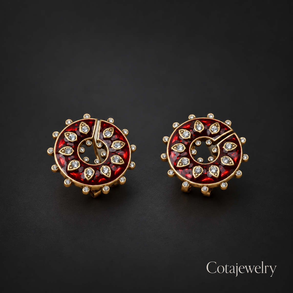 COTA Green Floral Statement Earrings in Gold Tone