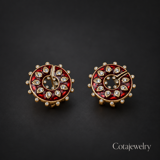 COTA Green Floral Statement Earrings in Gold Tone