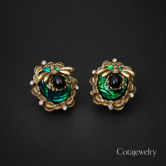 COTA Green Scarab Earrings in Gold Tone