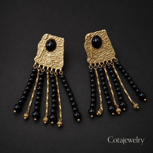COTA Black Bead Fringe Earrings in Gold Tone