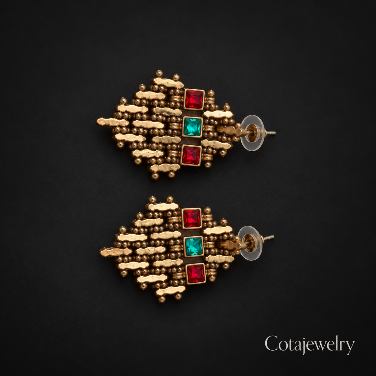 COTA Gem Grid Earrings in Gold Tone