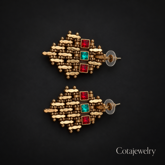 COTA Gem Grid Earrings in Gold Tone