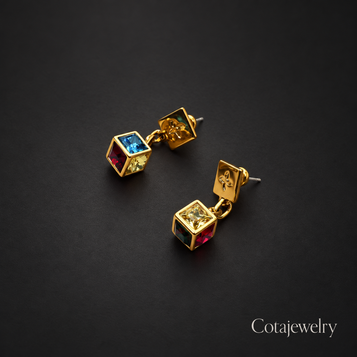 COTA Prism Cube Stud Earrings in Gold Tone