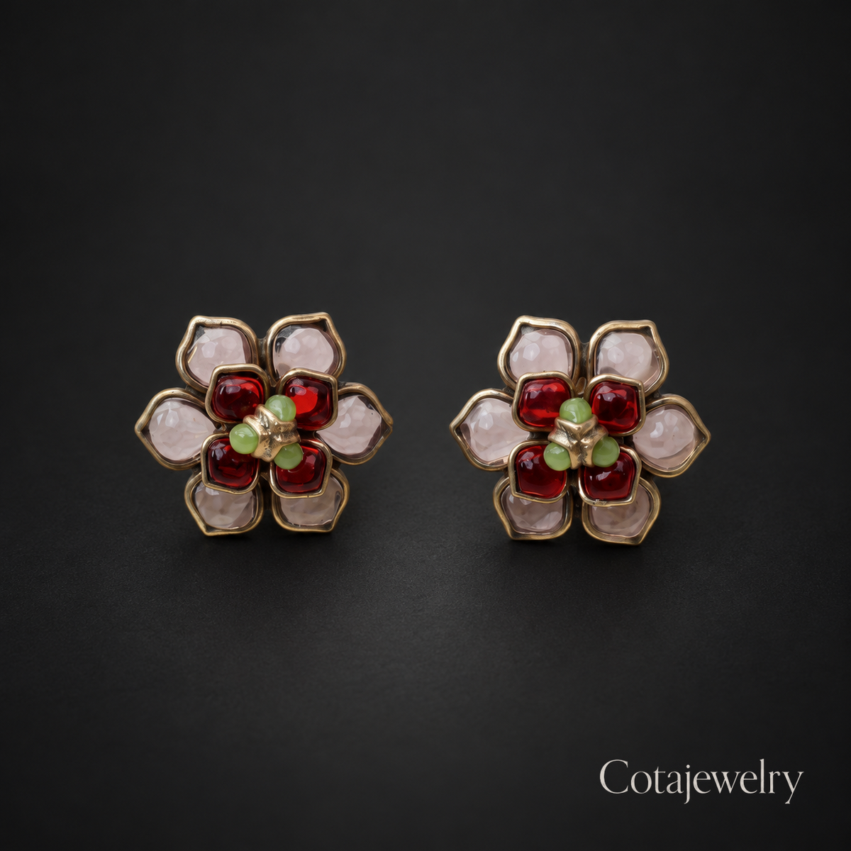 COTA Ruby Flower Stud Earrings in Gold Tone