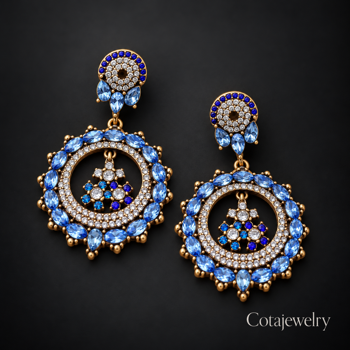 COTA Blue Halo Chandelier Earrings in Gold Tone