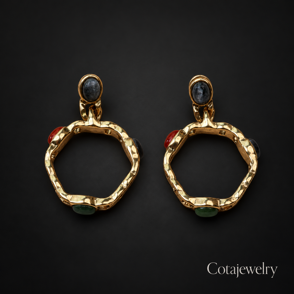 COTA Dark Stone Link Earrings in Gold Tone