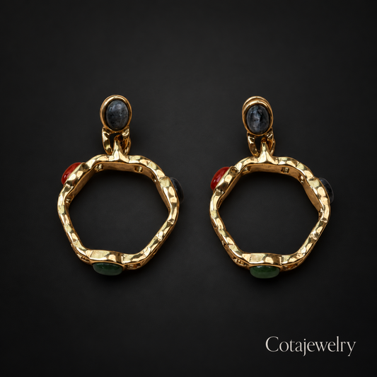 COTA Dark Stone Link Earrings in Gold Tone