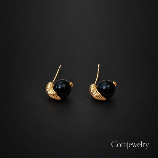 COTA Black Orb Drop Earrings in Gold Tone