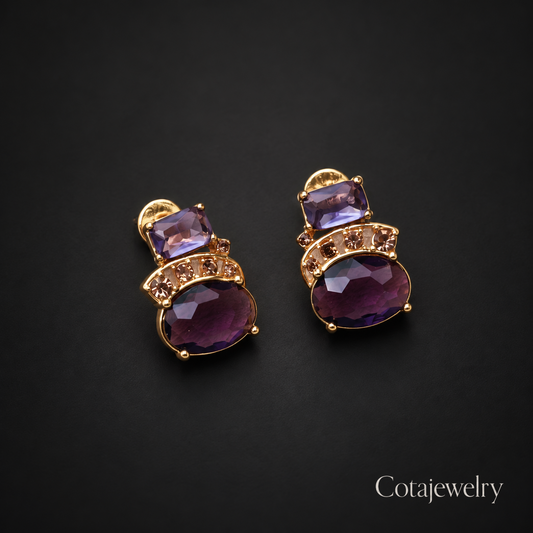 COTA Violet Stone Cluster Earrings in Gold Tone