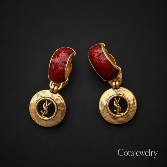 COTA Red Medallion Drop Earrings in Gold Tone