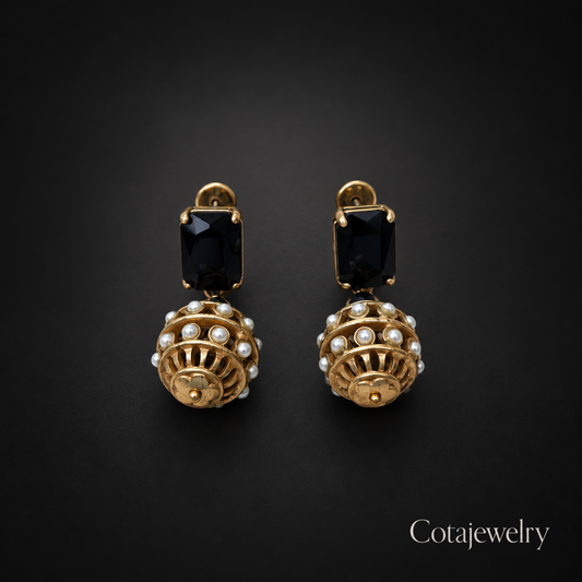 COTA Black Stone Bell Drop Earrings in Gold Tone