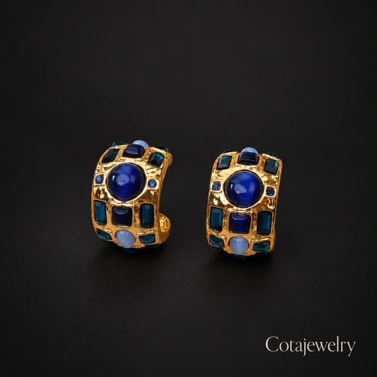 COTA Blue Square Frame Earrings in Gold Tone