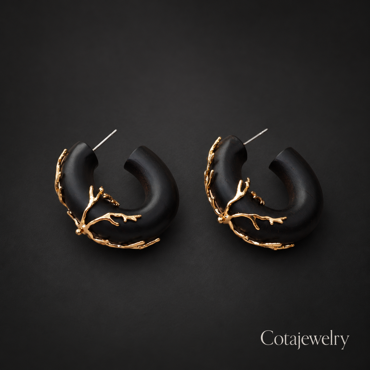 COTA Black Branch Hoop Earrings in Gold Tone
