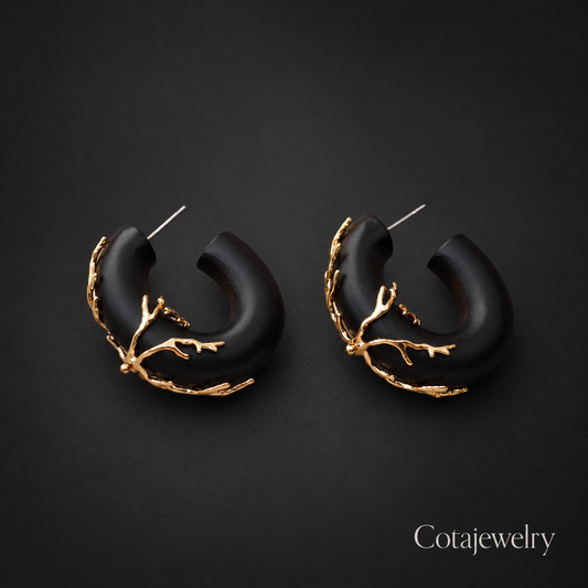 COTA Black Branch Hoop Earrings in Gold Tone