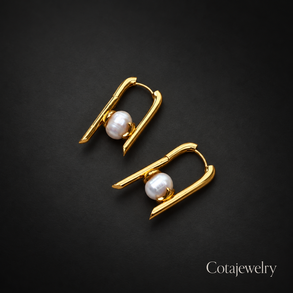 COTA Pearl Safety Pin Earrings in Gold Tone