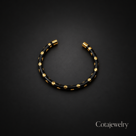 COTA Black Bead Cuff Bracelet in Gold Tone