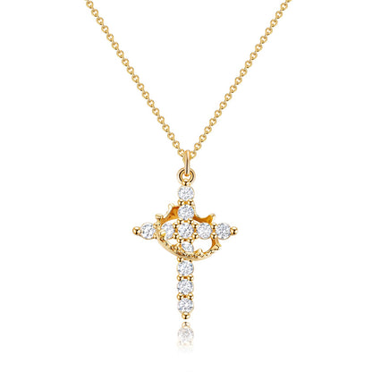 14K Gold Crown Cross Pendant Necklace showcasing regal crown and cross design