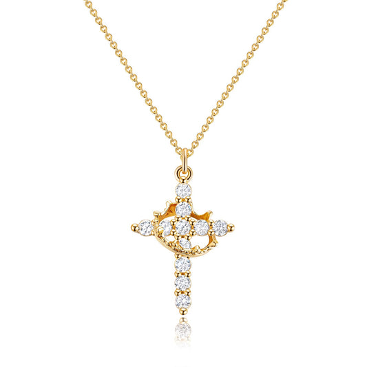 Collar con colgante de cruz corona de oro de 14K